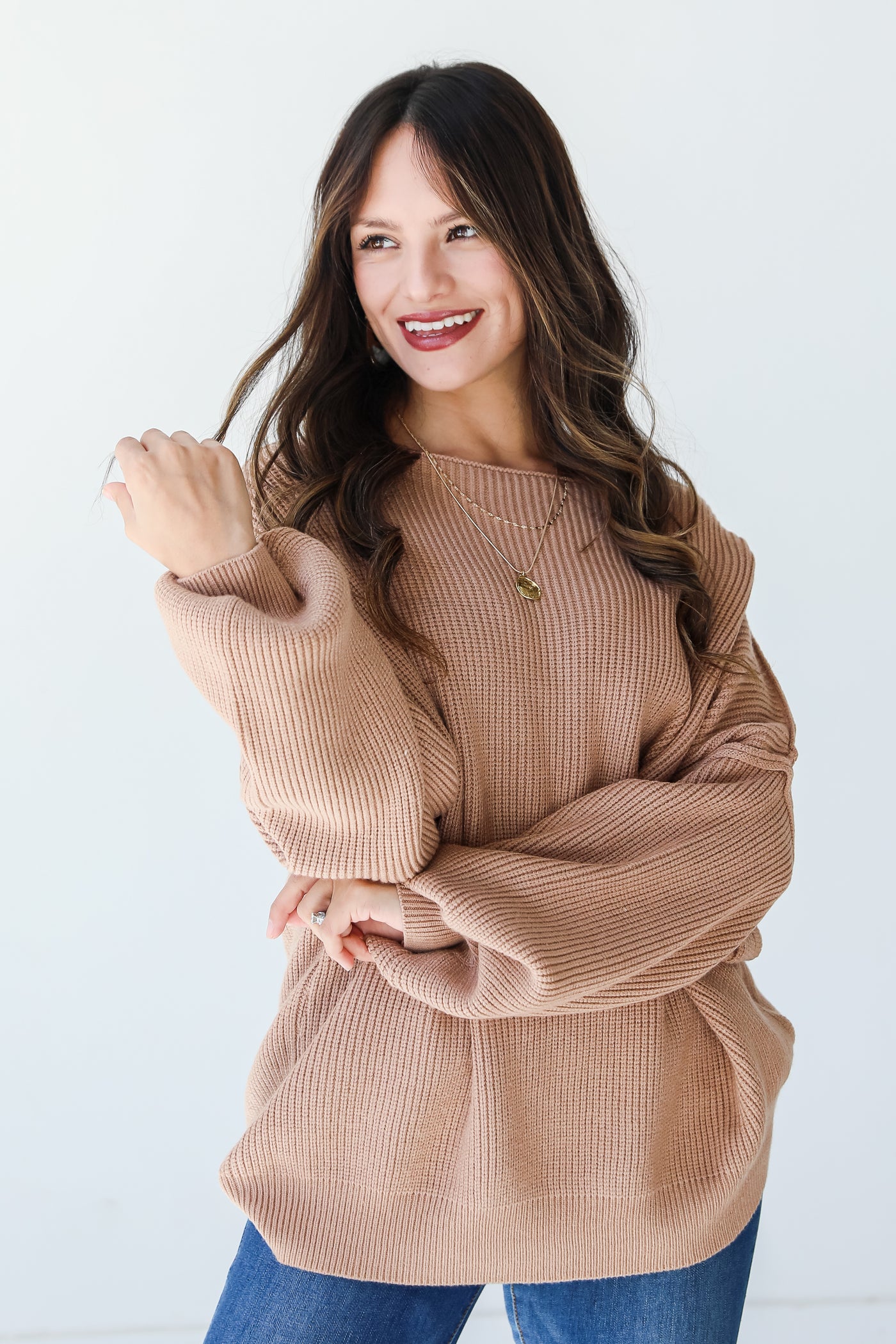 taupe Oversized Sweater on model