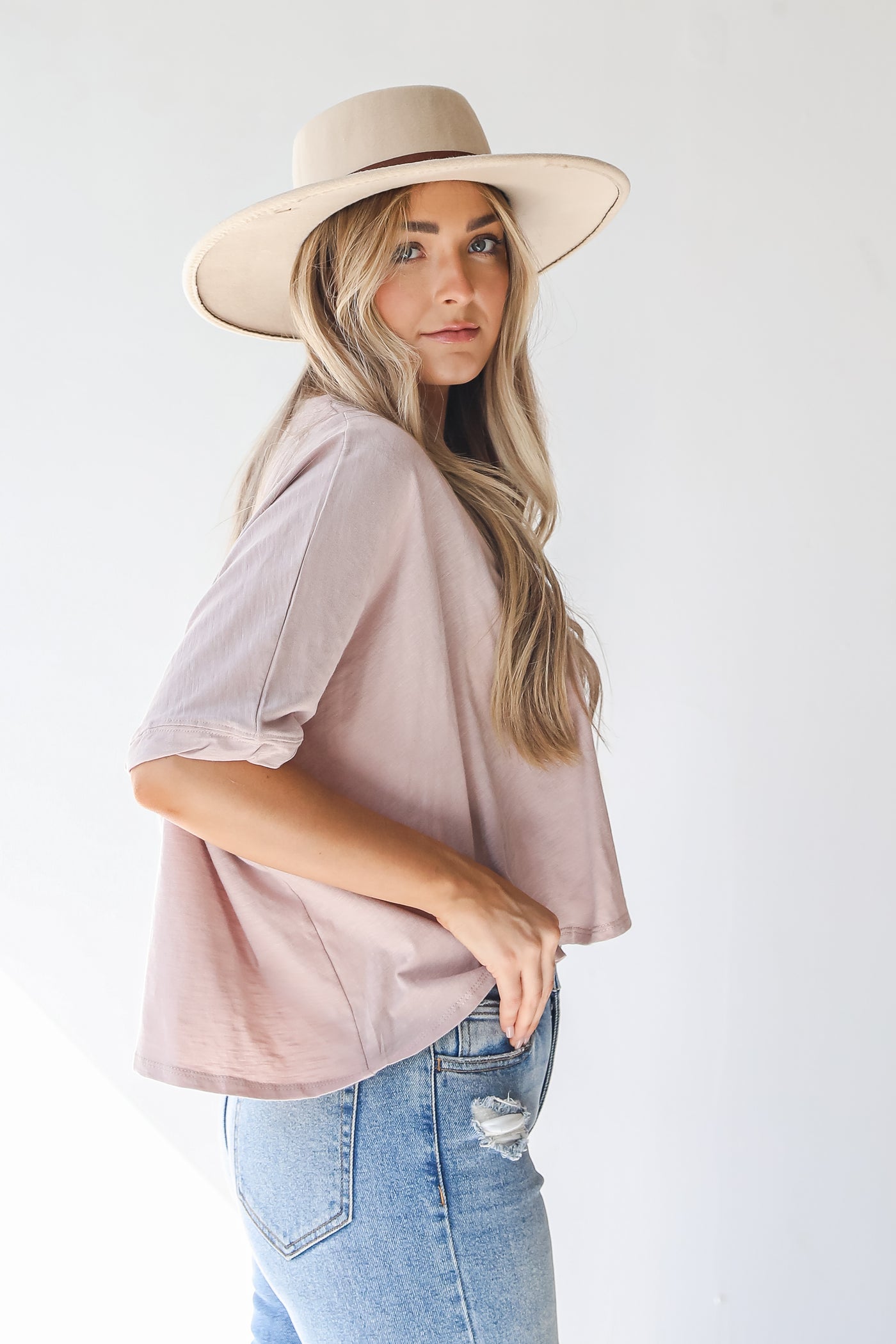 Oversized Top in taupe side view