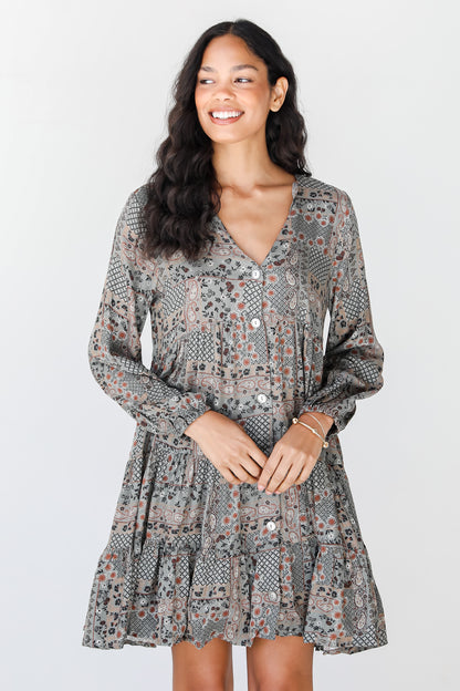 olive Paisley Mini Dress on model