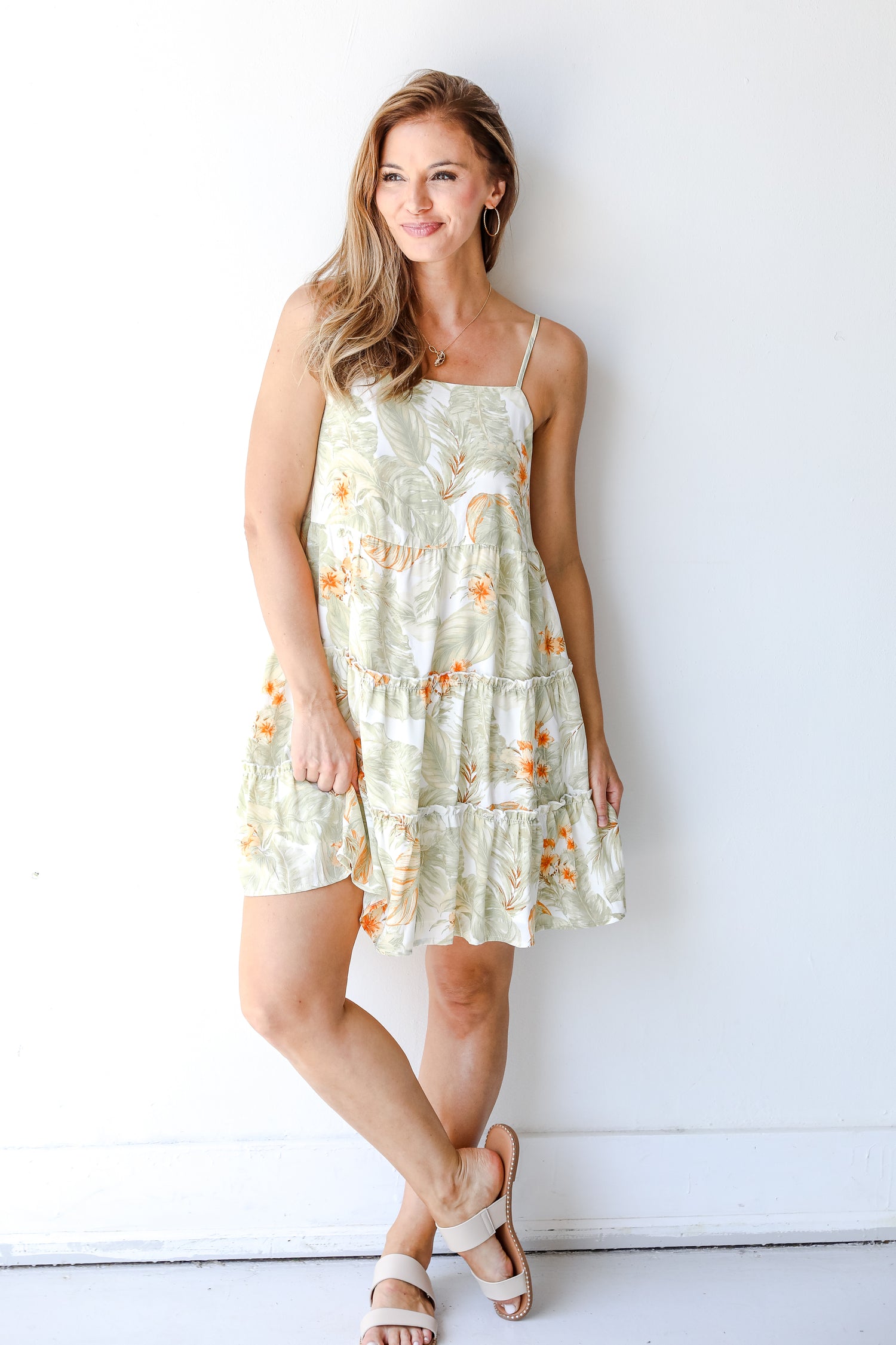 Palm Leaf Tiered Mini Dress on model