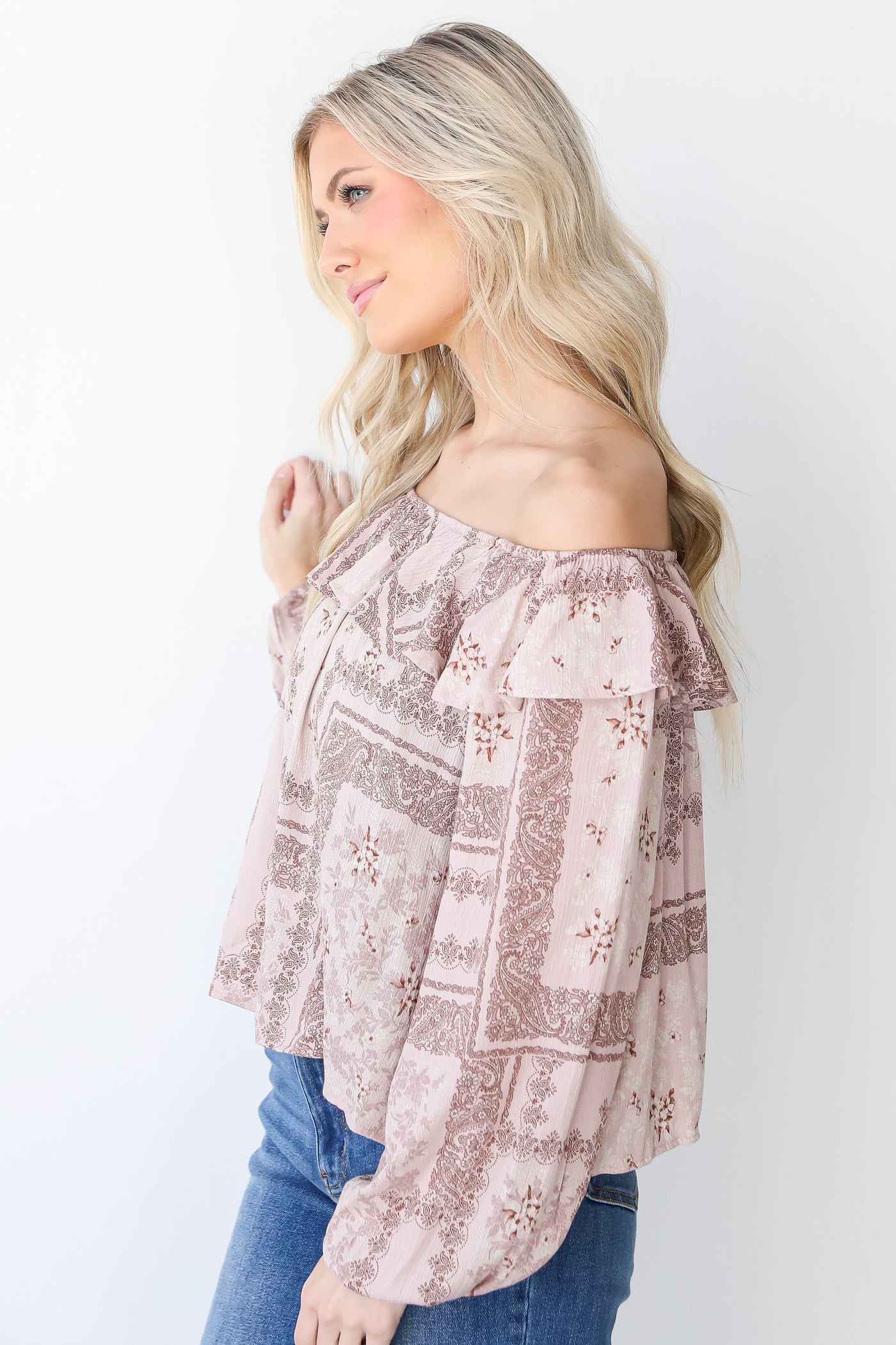 Floral Ruffle Blouse in blush side view