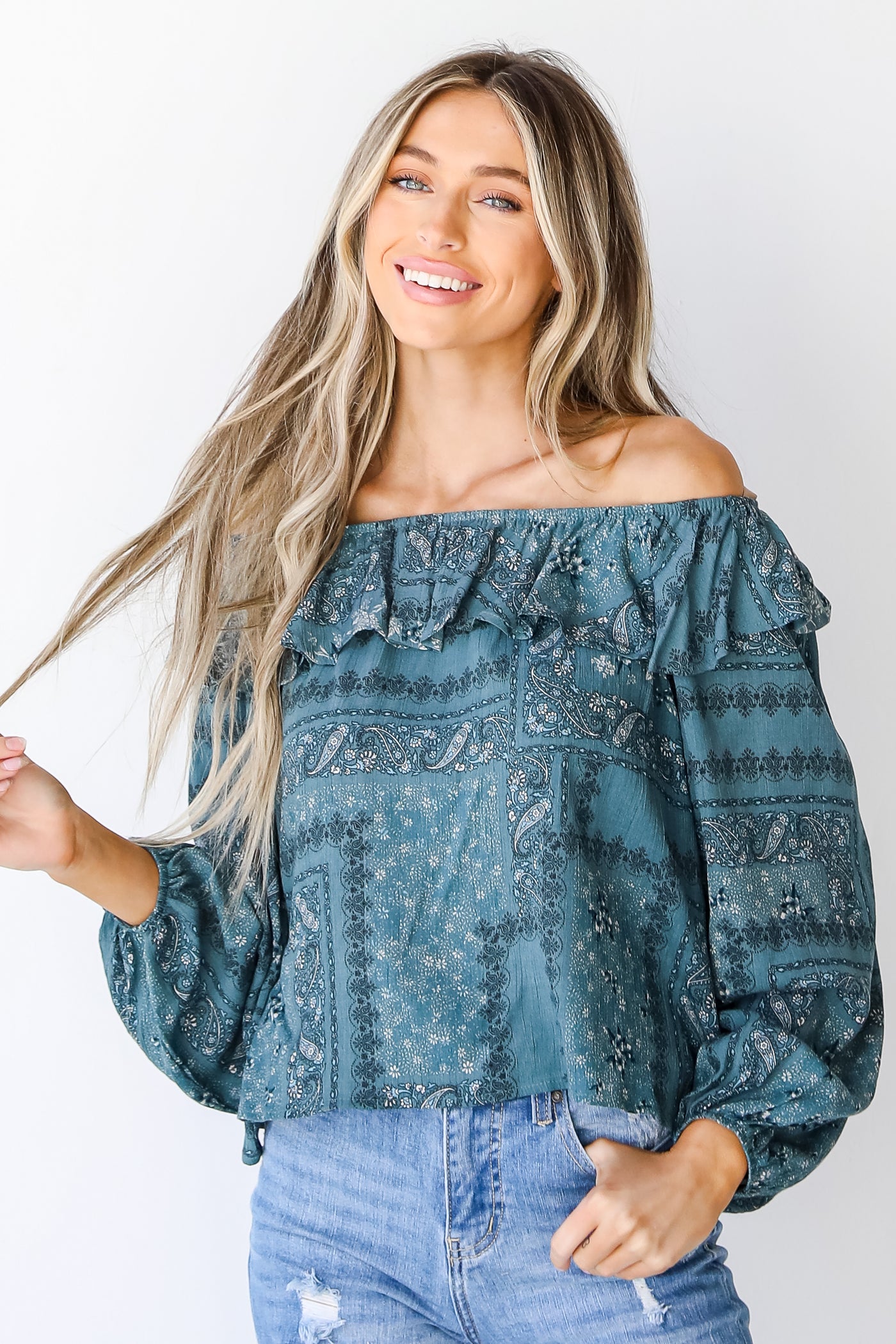 Floral Ruffle Blouse in teal