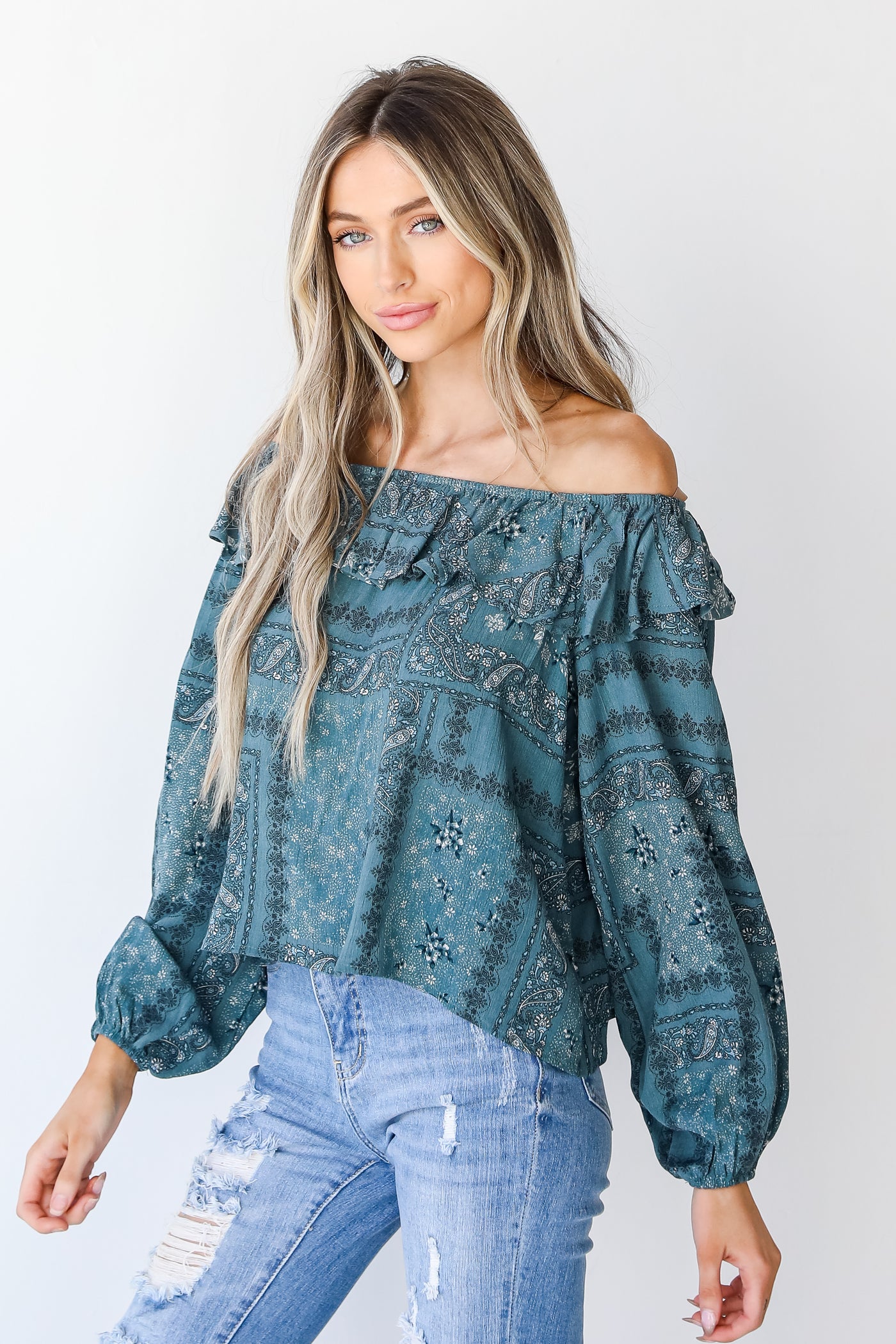 Floral Ruffle Blouse in teal side view