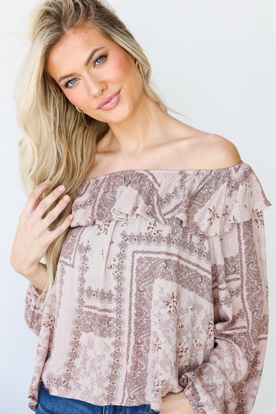 Floral Ruffle Blouse in blush on model