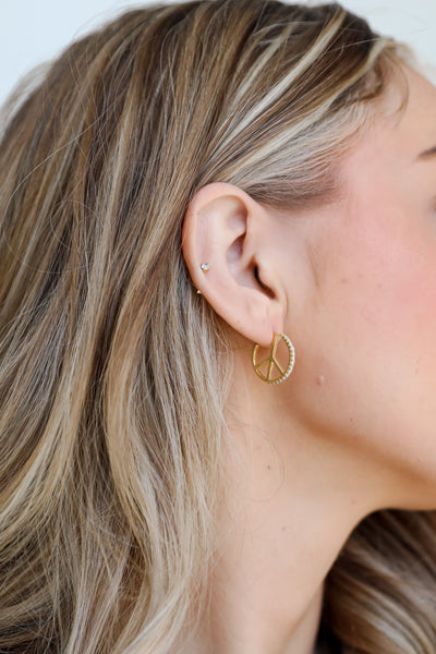 Gold Peace Sign Rhinestone Hoop Earrings