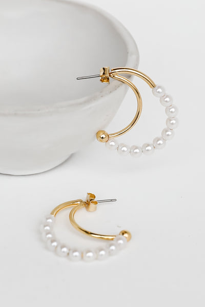 Gold Pearl Hoop Earrings close up