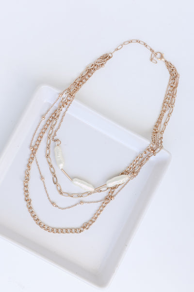 Gold Pearl Layered Necklace flat lay