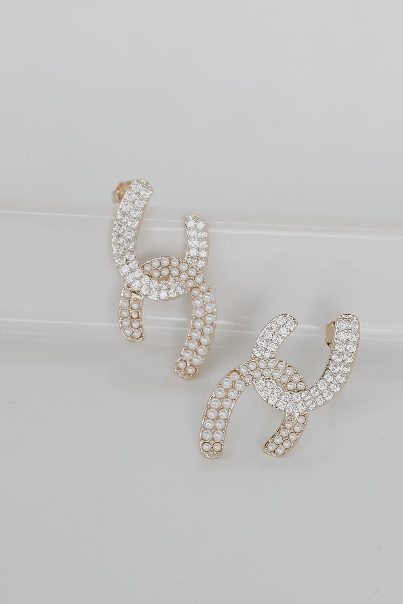 Rhinestone + Pearl Drop Earrings flat lay