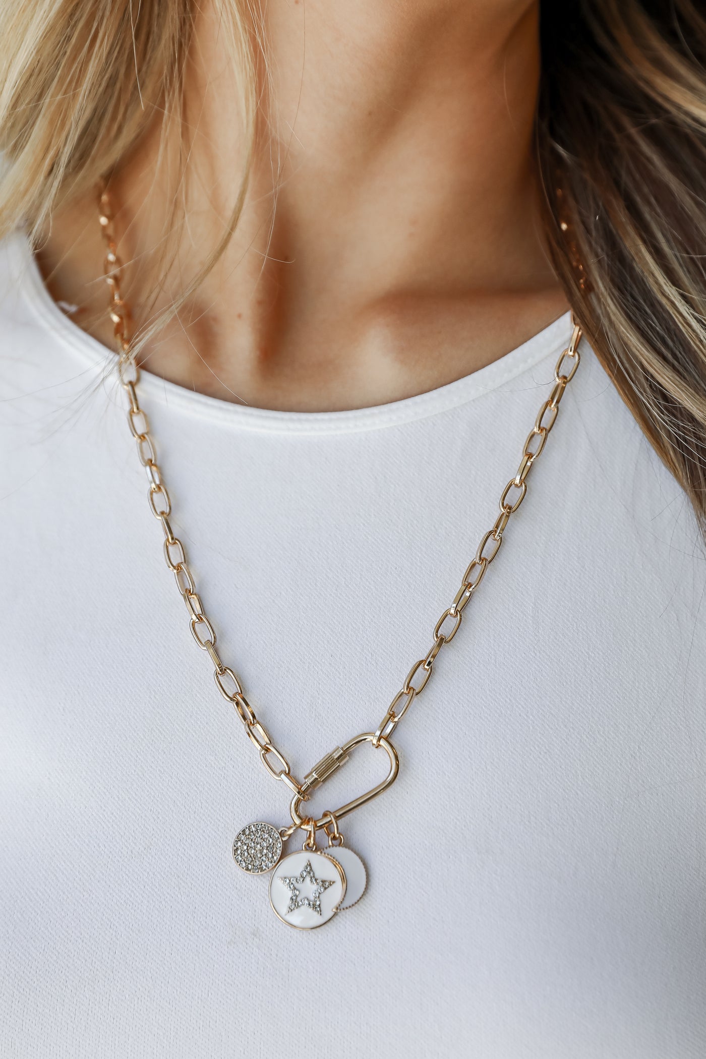Star + Moon Rhinestone Gold Charm Necklace