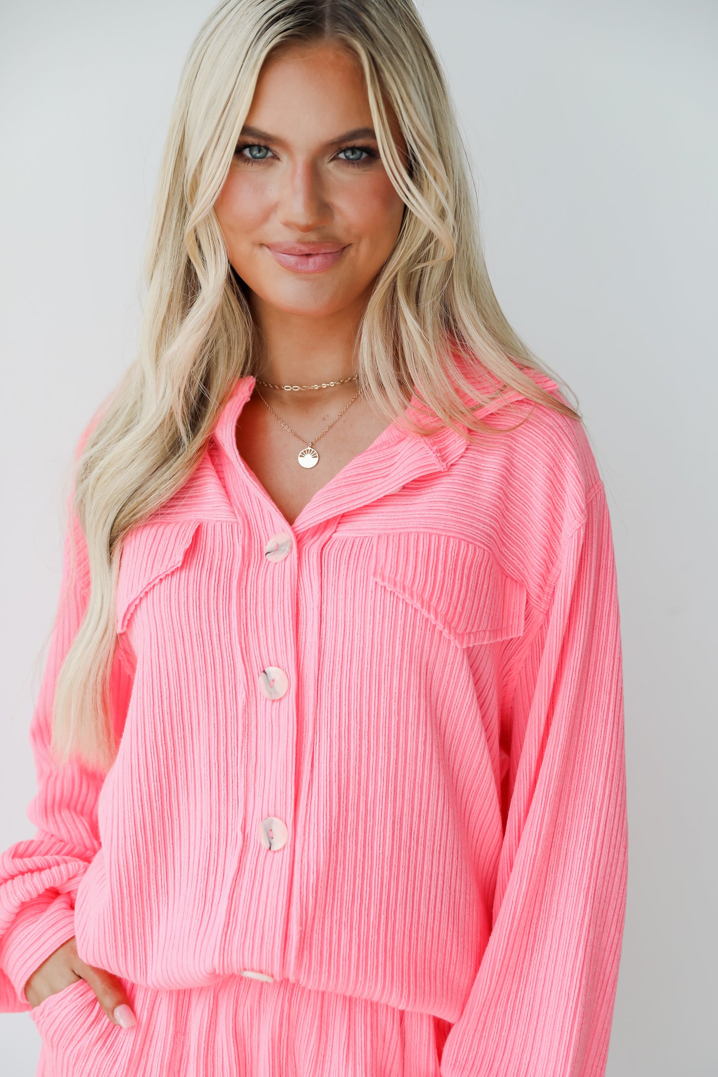 hot pink Ribbed Knit Button-Up Top close up