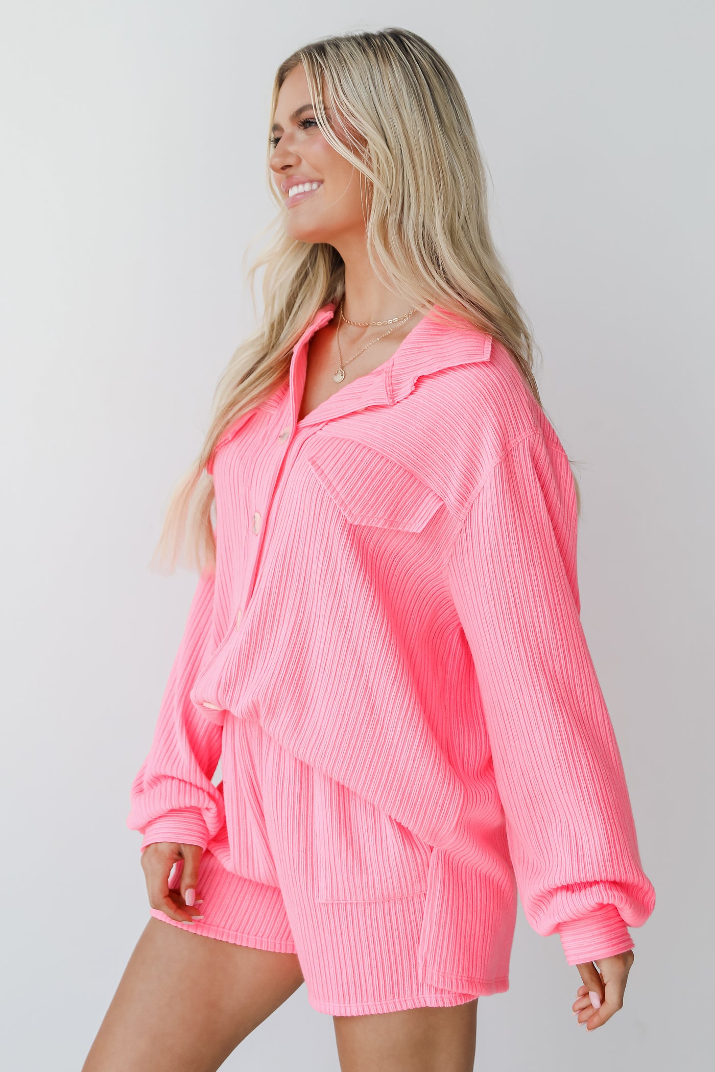 hot pink Ribbed Knit Button-Up Top side view