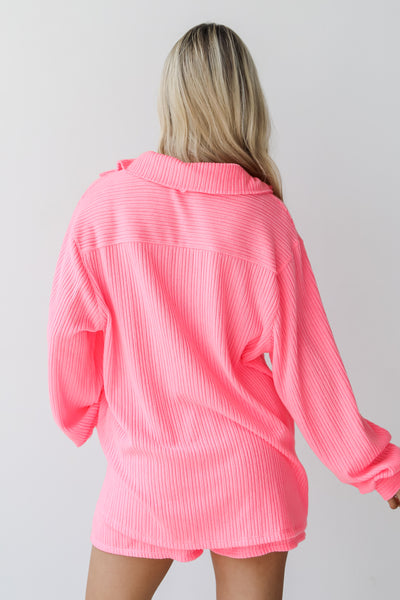 hot pink Ribbed Knit Button-Up Top back view