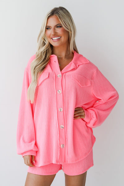hot pink Ribbed Knit Button-Up Top