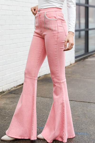 pink Rhinestone Fringe Flare Jeans side view on model