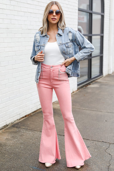 pink Rhinestone Fringe Flare Jeans on model