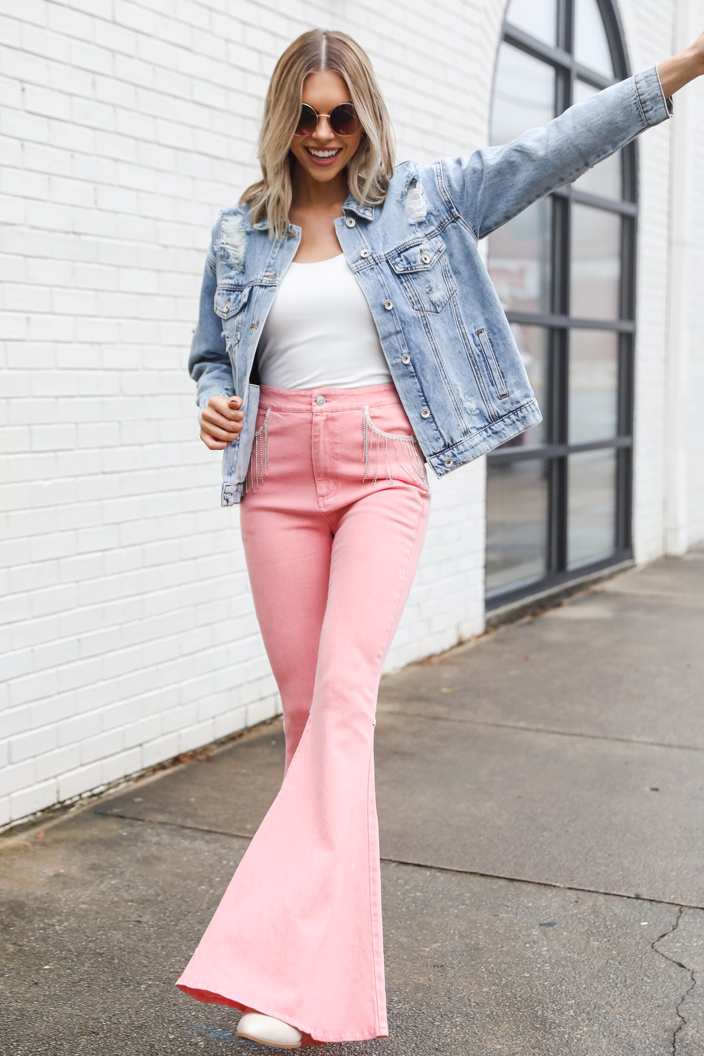 pink Rhinestone Fringe Flare Jeans