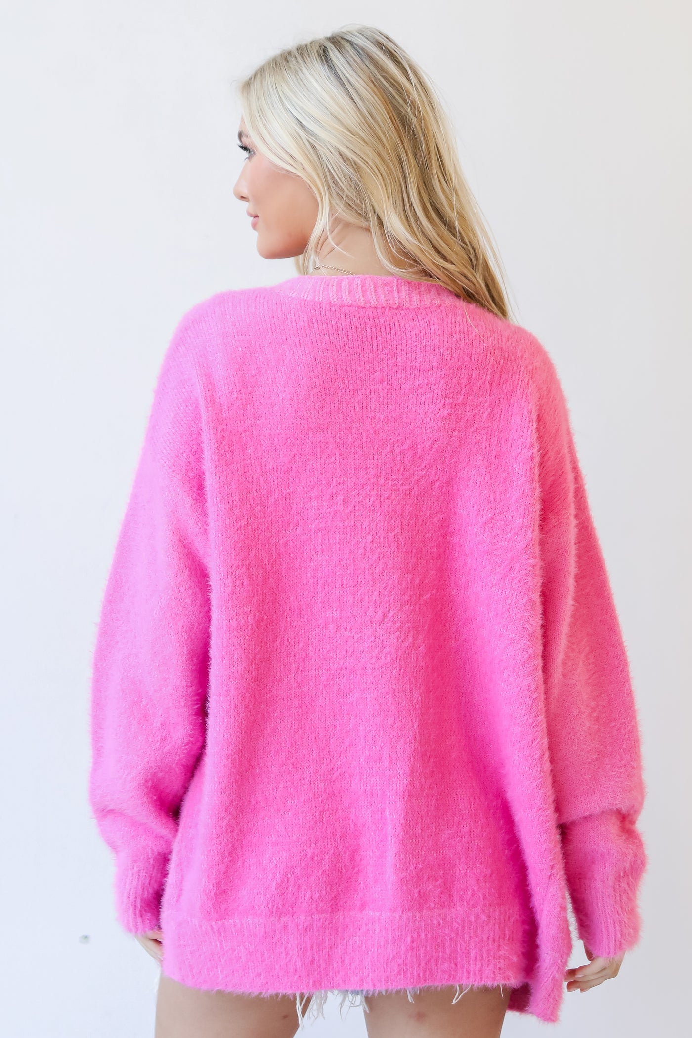 hot pink Eyelash Knit Sweater Cardigan back view