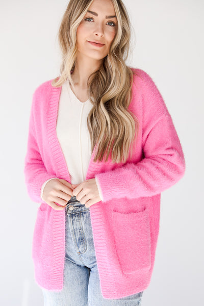 hot pink Eyelash Knit Sweater Cardigan close up