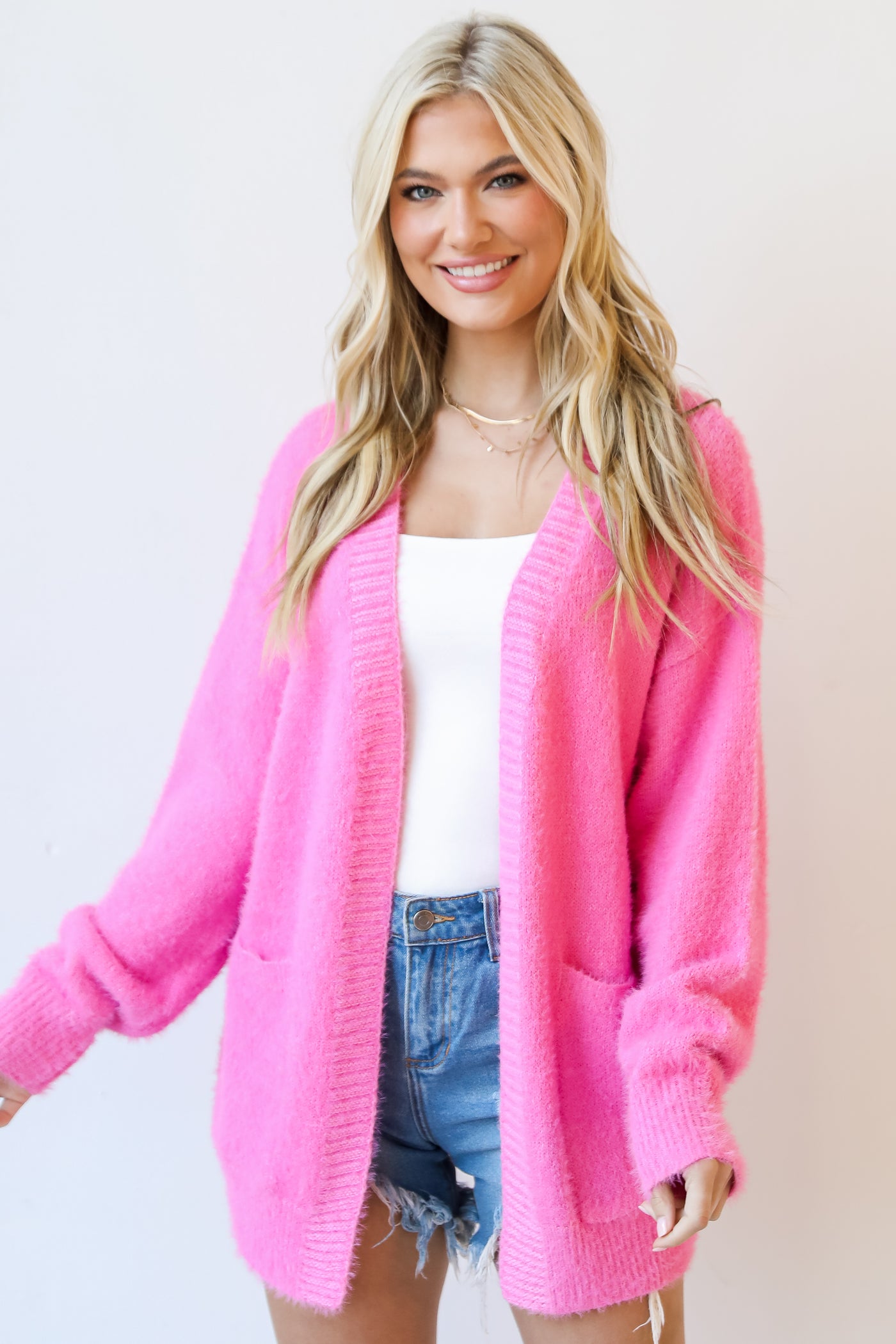 hot pink Eyelash Knit Sweater Cardigan on model