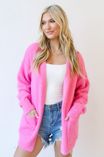 hot pink Eyelash Knit Sweater Cardigan