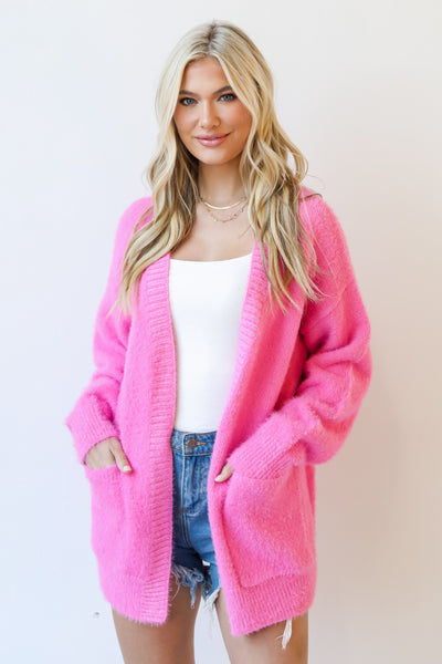 hot pink Eyelash Knit Sweater Cardigan on dress up model