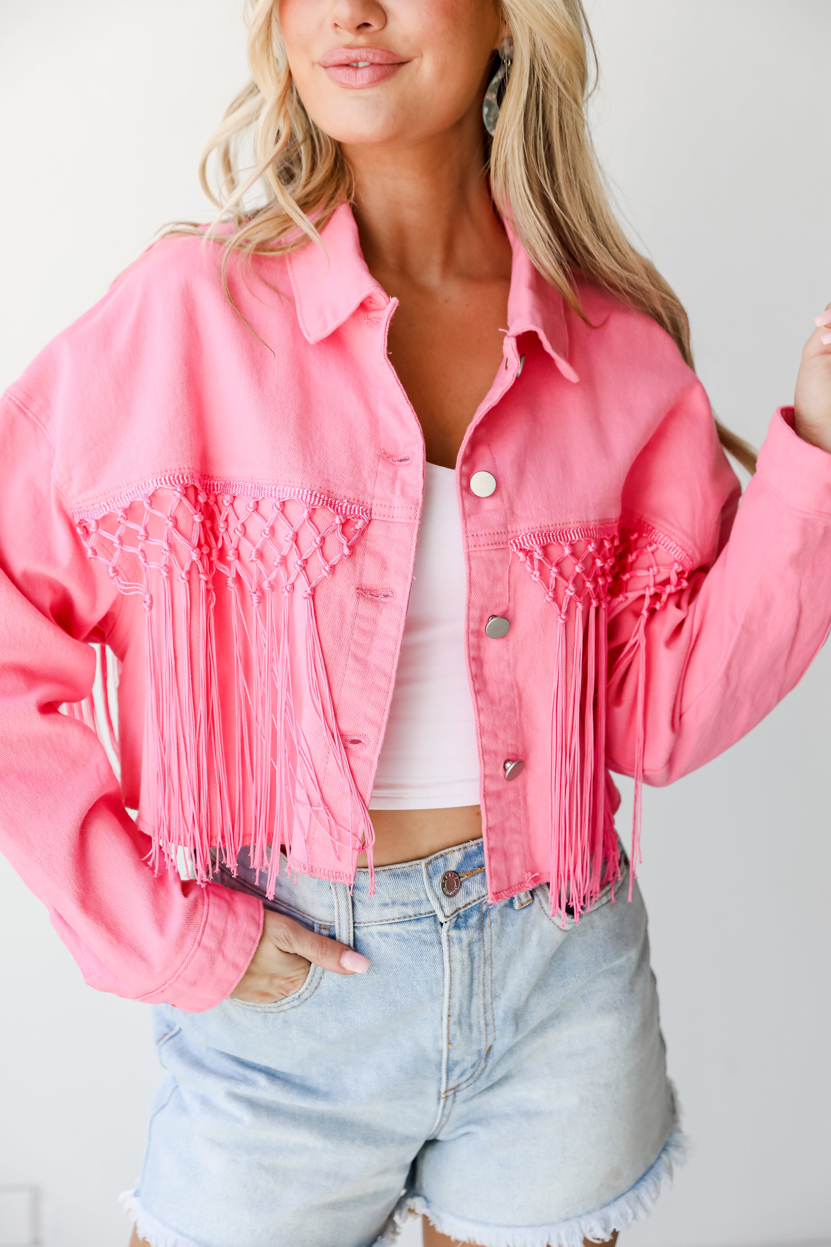 Howdy Sequin Fringe Cropped Denim Jacket 