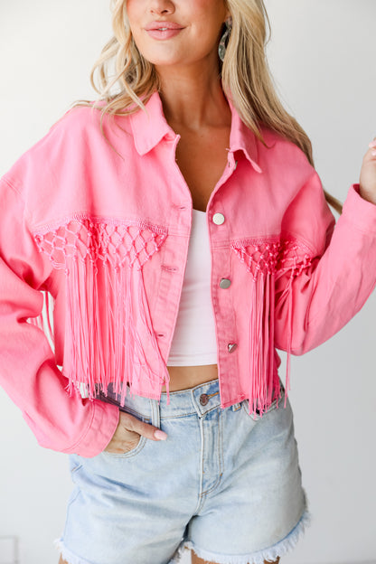 Howdy Sequin Fringe Cropped Denim Jacket 