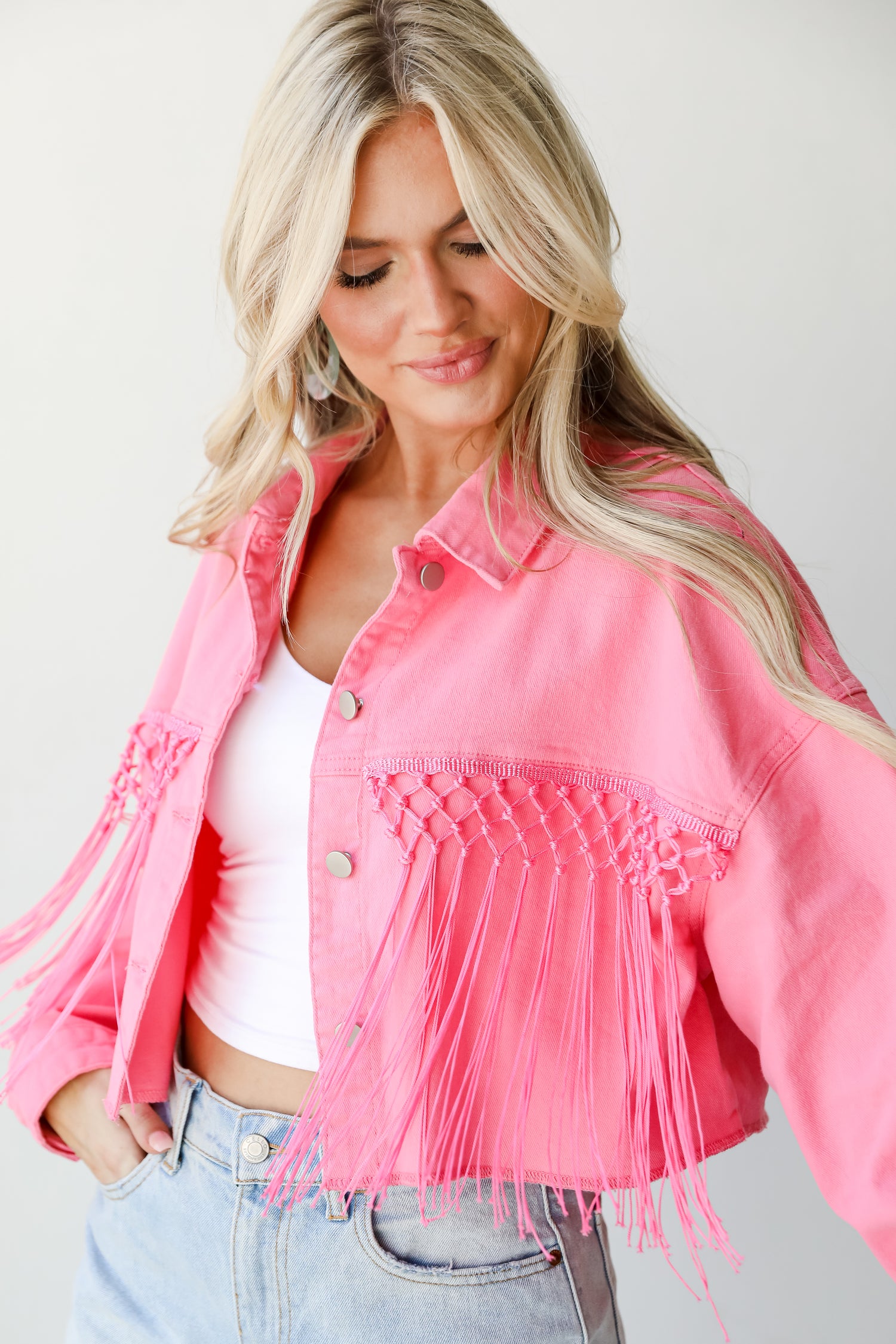 Howdy Sequin Fringe Cropped Denim Jacket on model