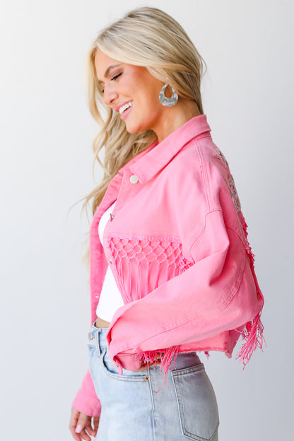 Howdy Sequin Fringe Cropped Denim Jacket side view