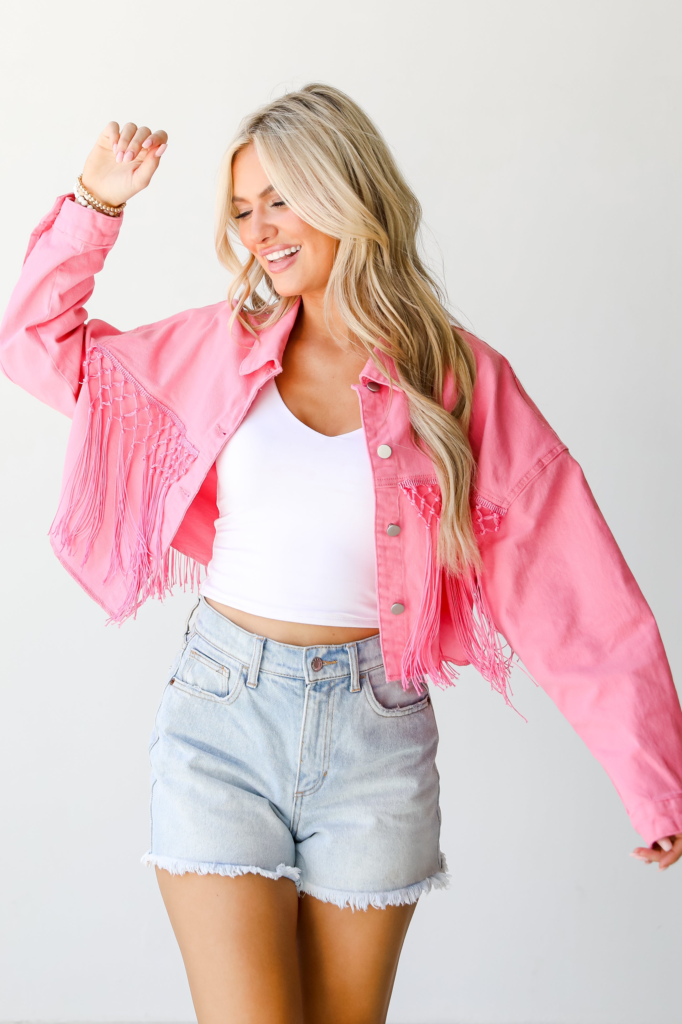 Howdy Sequin Fringe Cropped Denim Jacket front view