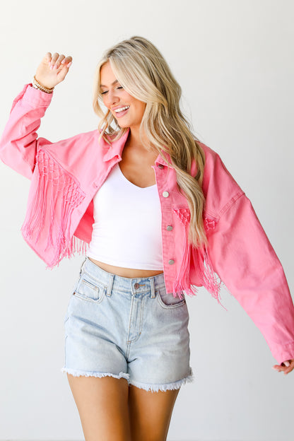 Howdy Sequin Fringe Cropped Denim Jacket front view