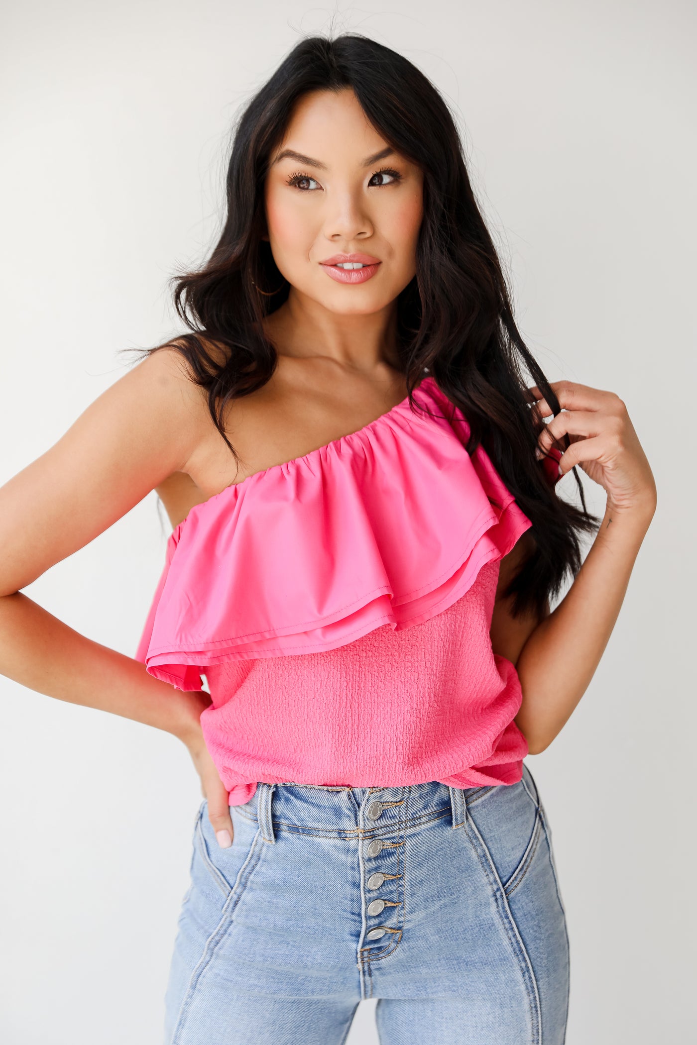 hot pink One-Shoulder Blouse front view