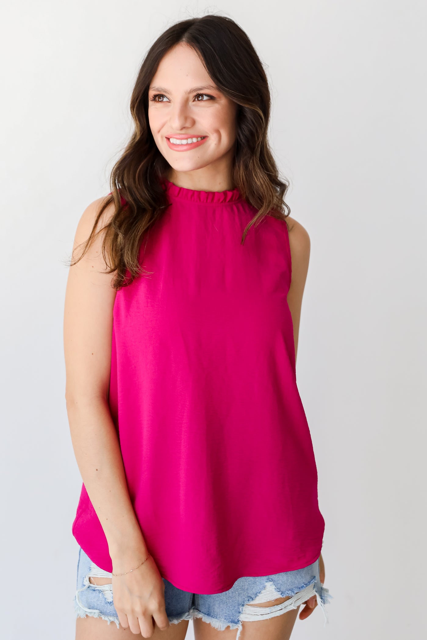 pink Ruffle Neck Sleeveless Blouse front view