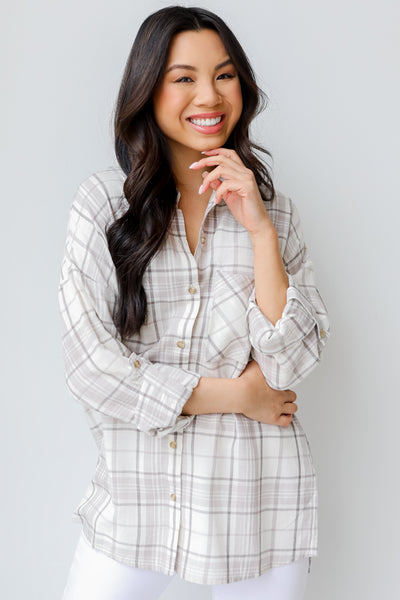 Plaid Button-Up Blouse on model