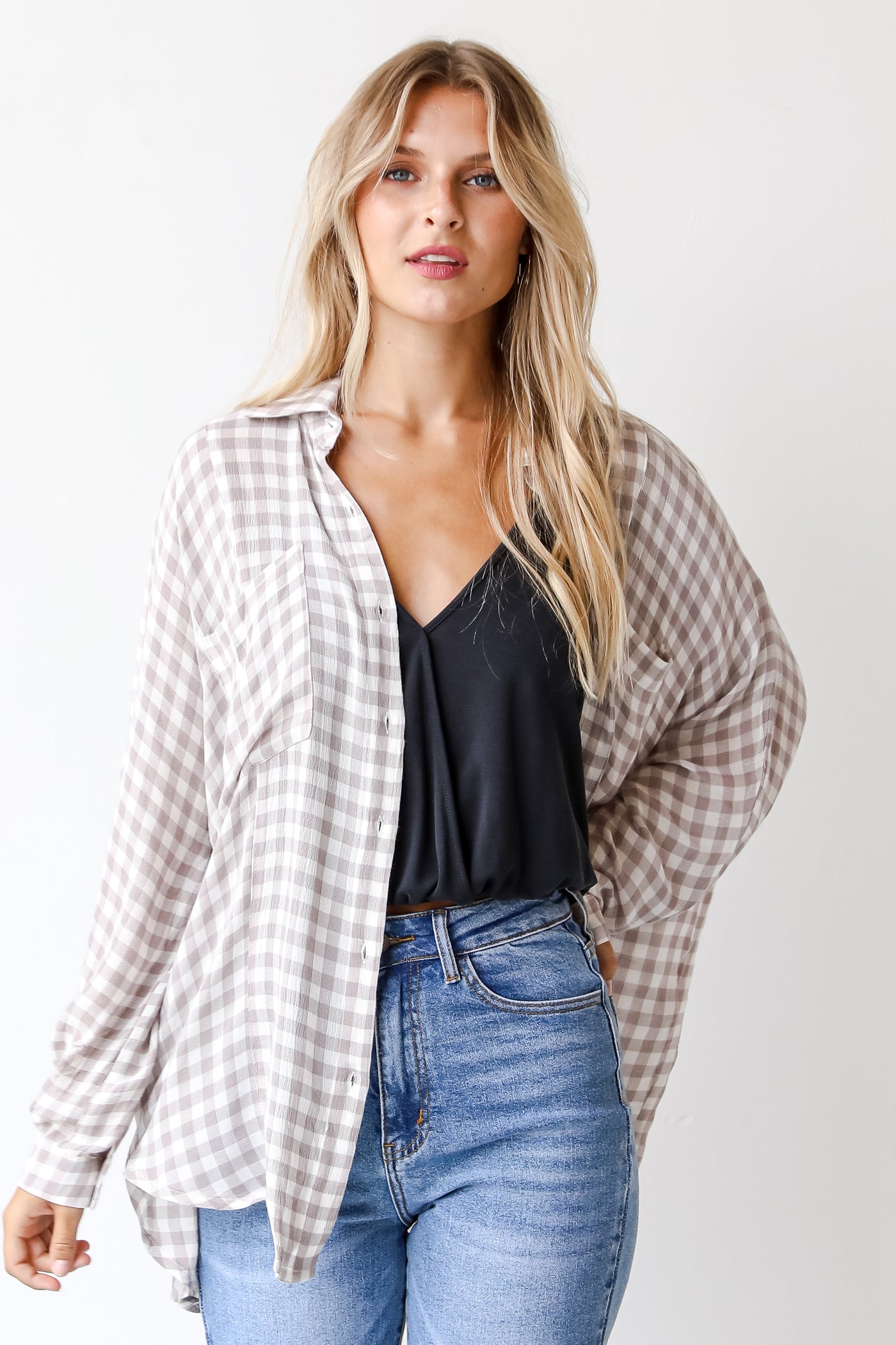 model wearing a grey Plaid Checkered Flannel