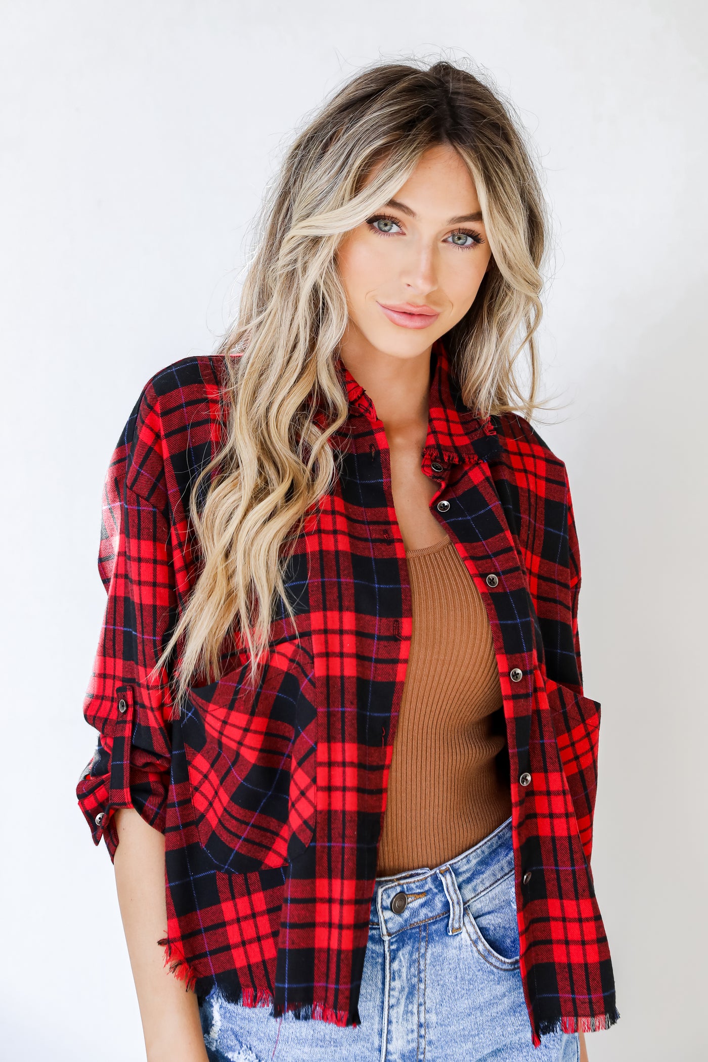 Flannel in red on model