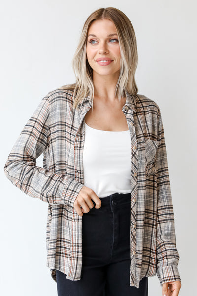 taupe plaid flannel on model
