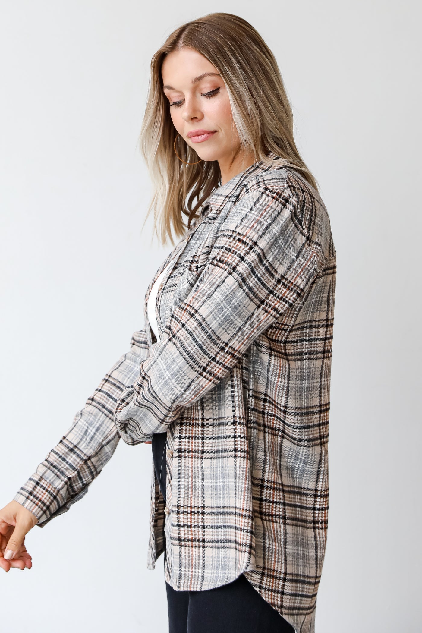 taupe plaid flannel side view