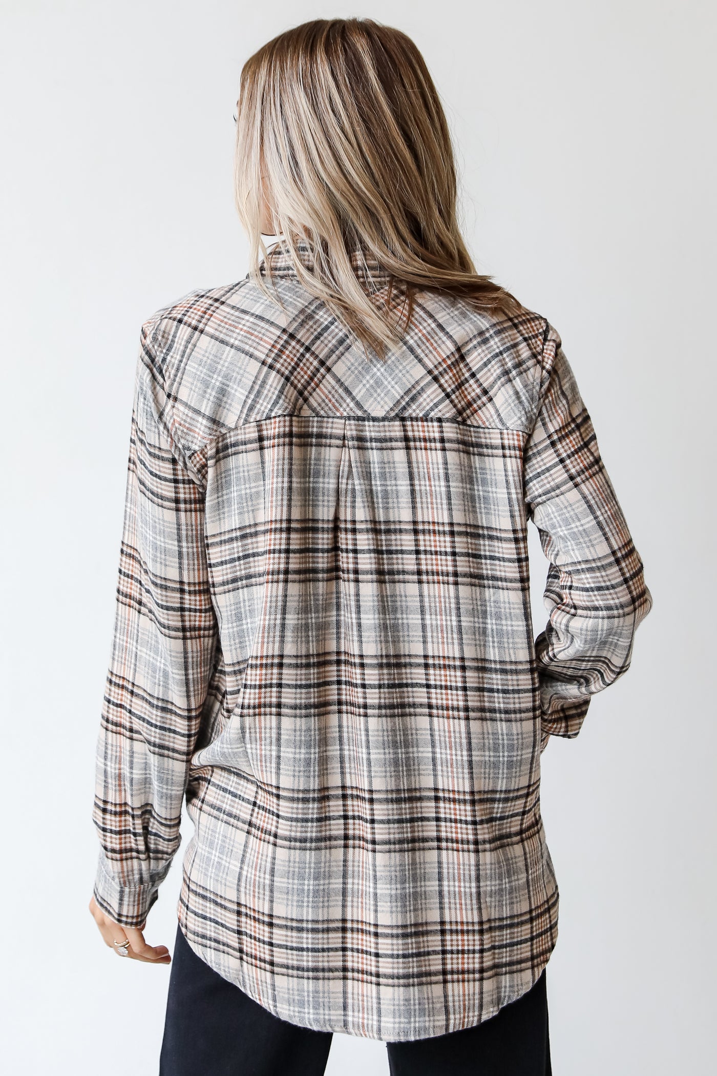 taupe plaid flannel back view