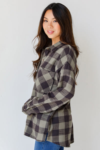 olive plaid flannel side view