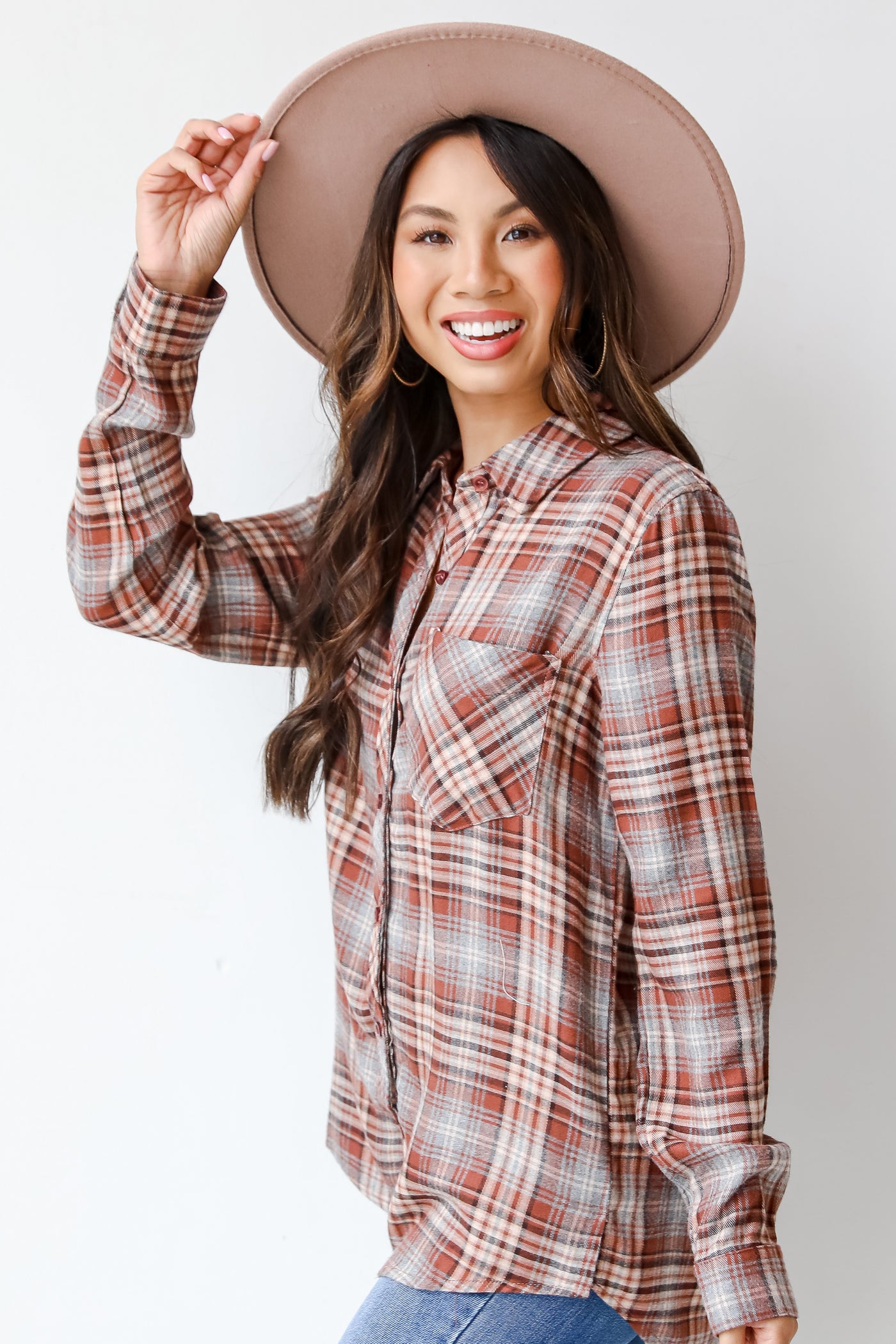 brown plaid flannel side view