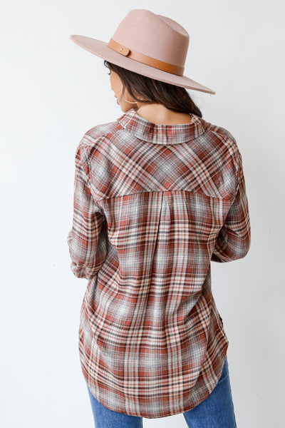 brown plaid flannel back view