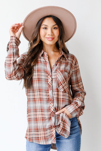 brown plaid flannel on model