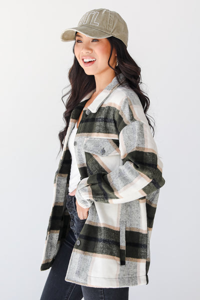 olive Plaid Shacket side view
