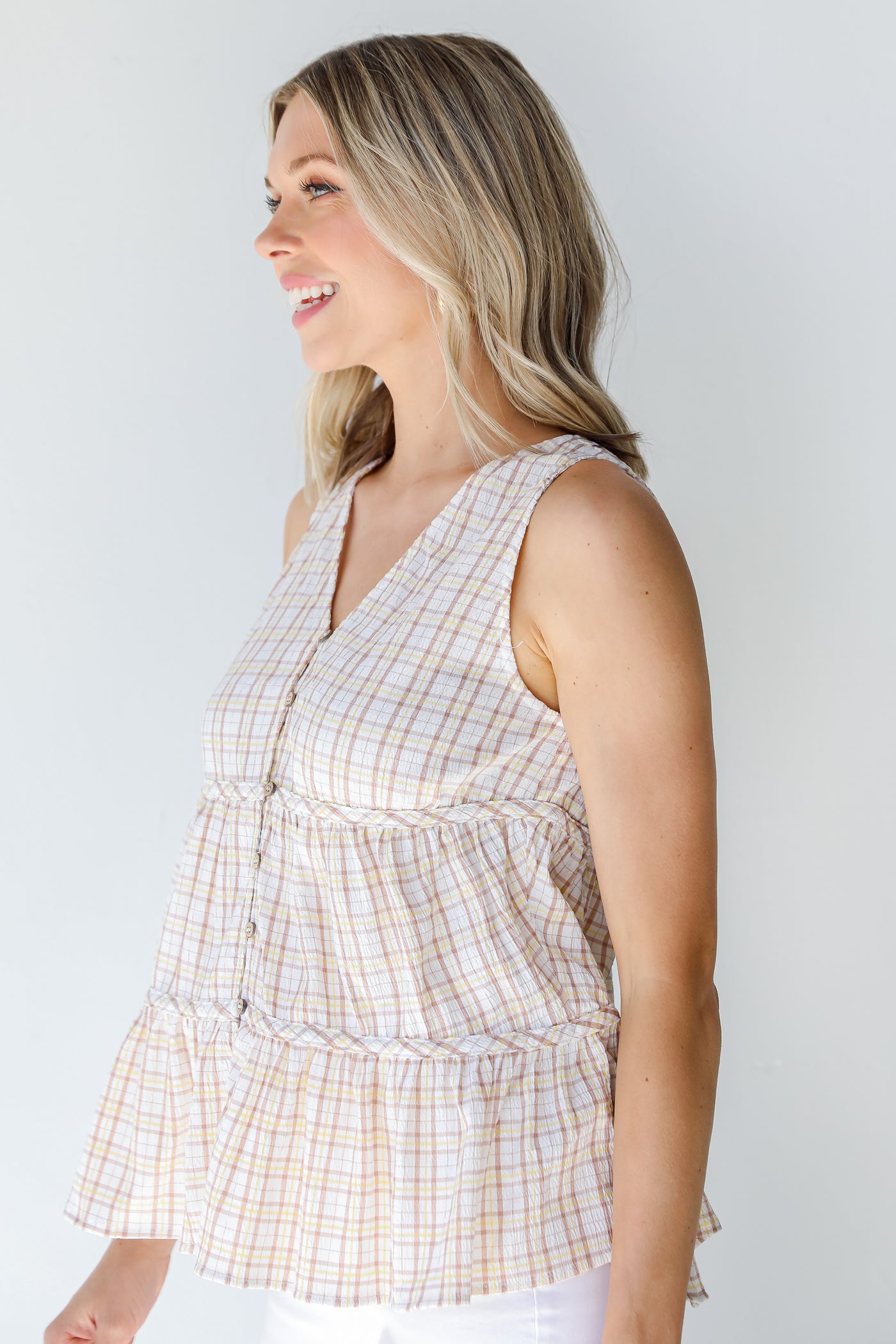 Plaid Tiered Tank in taupe side view