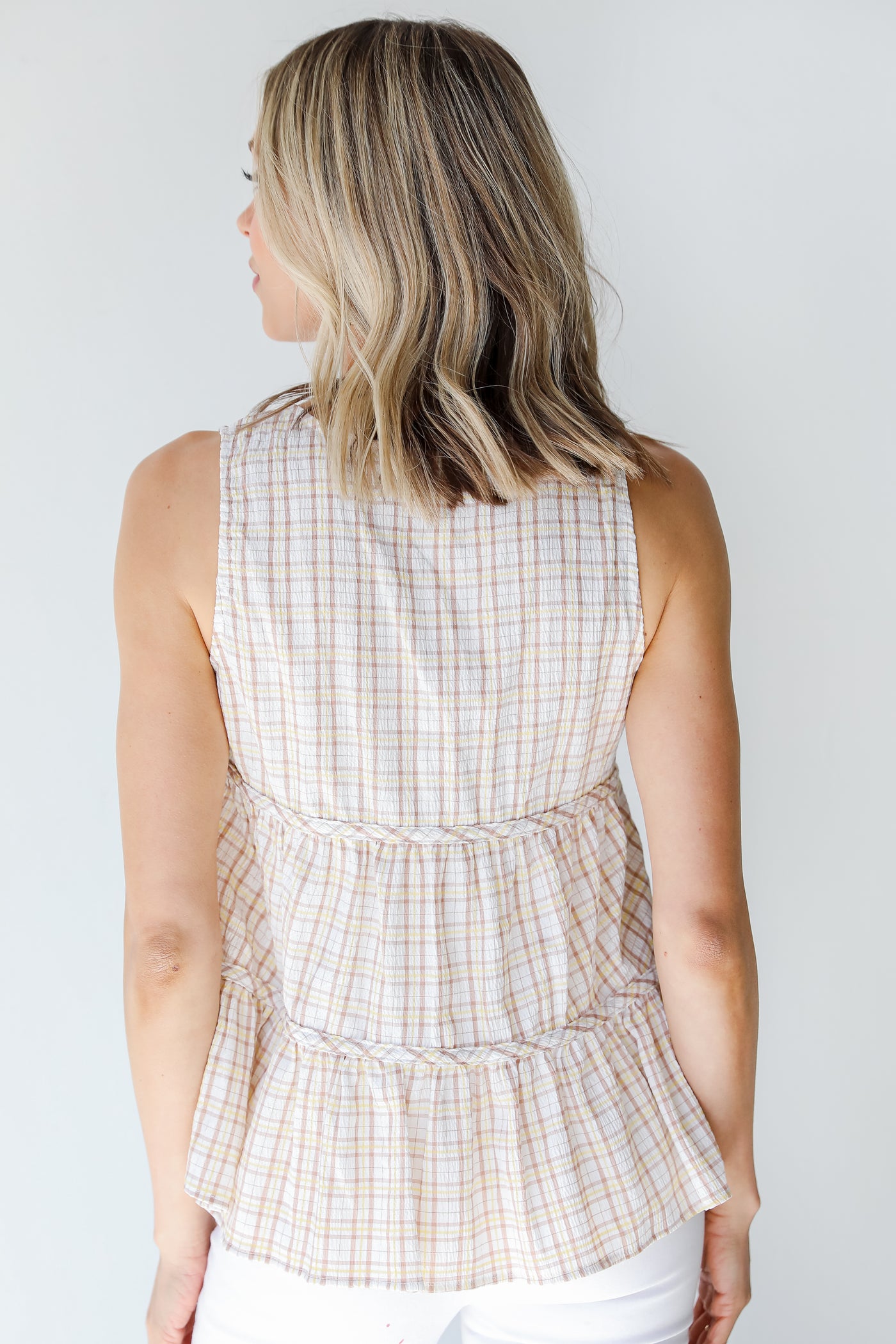 Plaid Tiered Tank in taupe back view