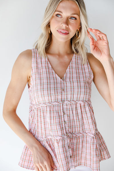 Plaid Tiered Tank in blush on model