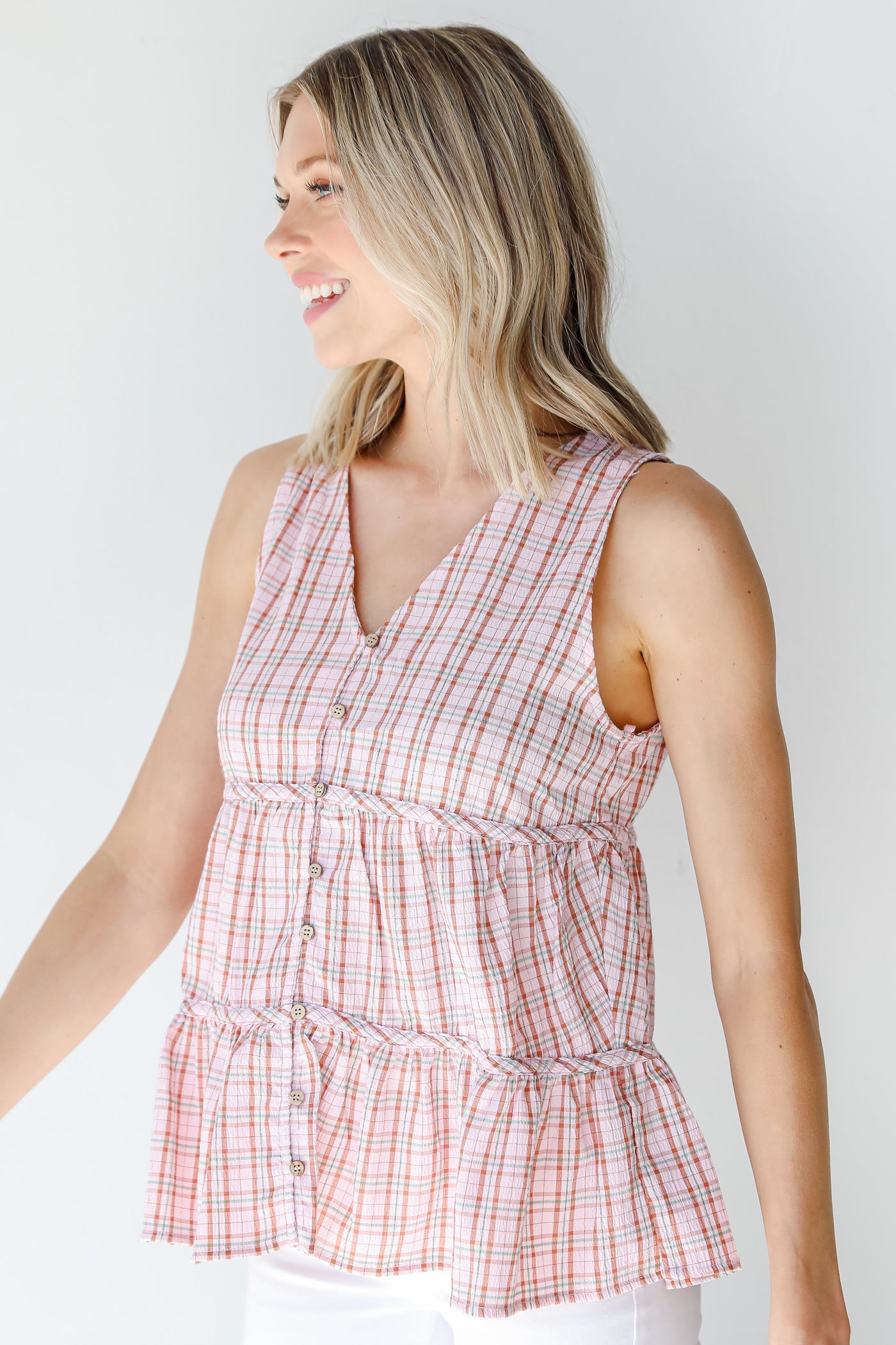 Plaid Tiered Tank in blush side view