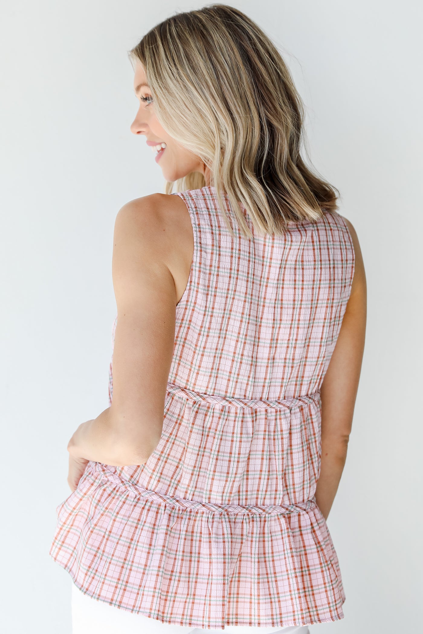 Plaid Tiered Tank in blush back view