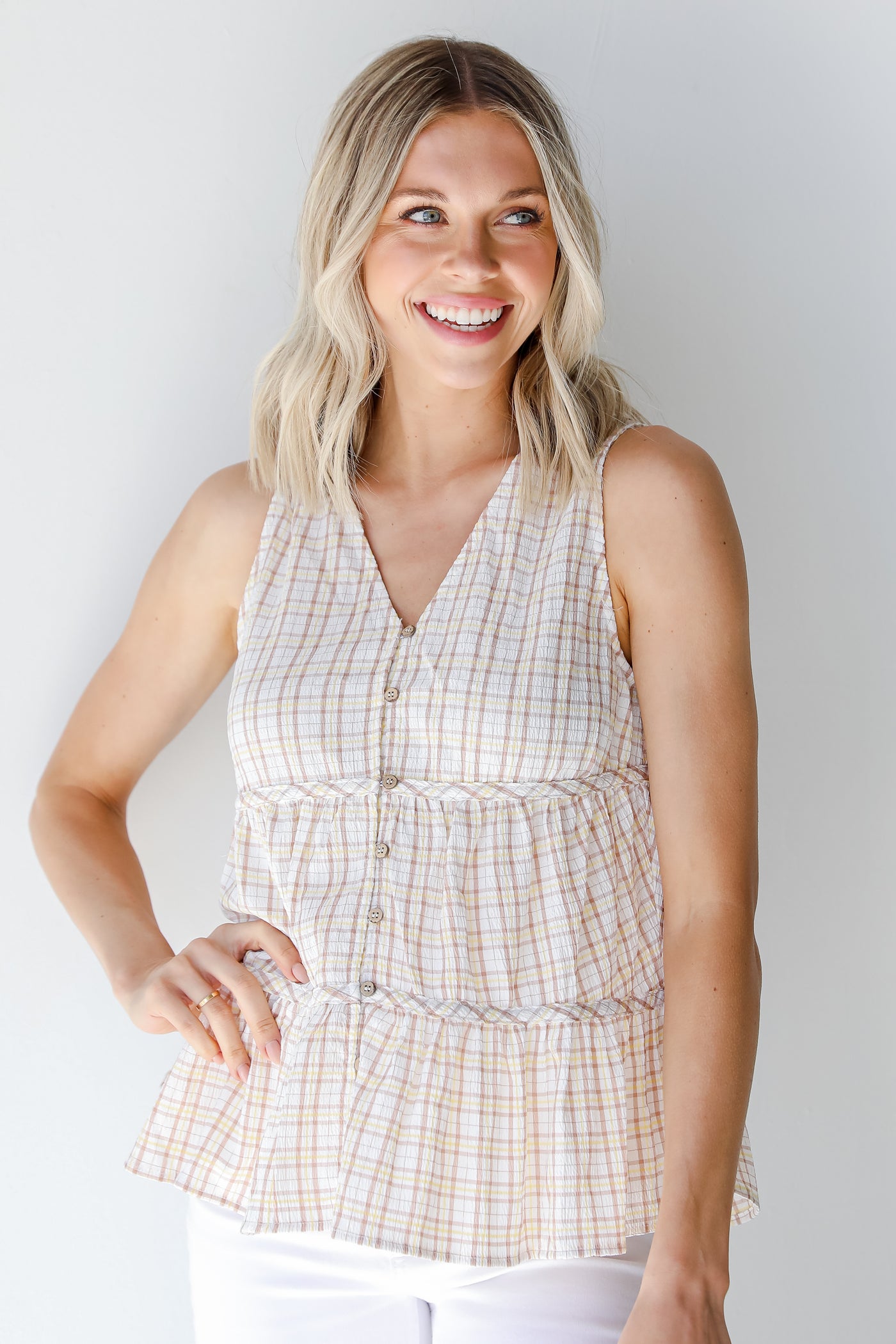 Plaid Tiered Tank in taupe on model